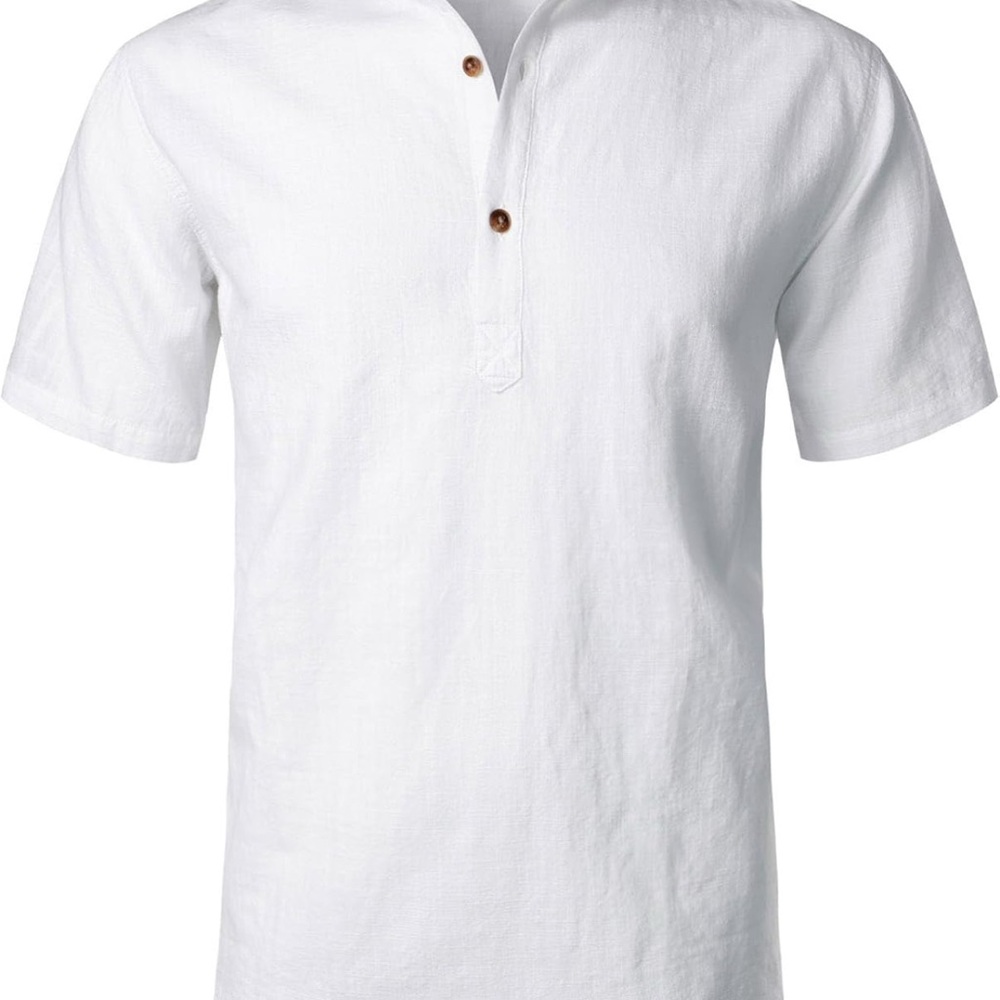 Men's Summer Lightweight Cotton Linen Shirt Casual Short Sleeve Banded Collar